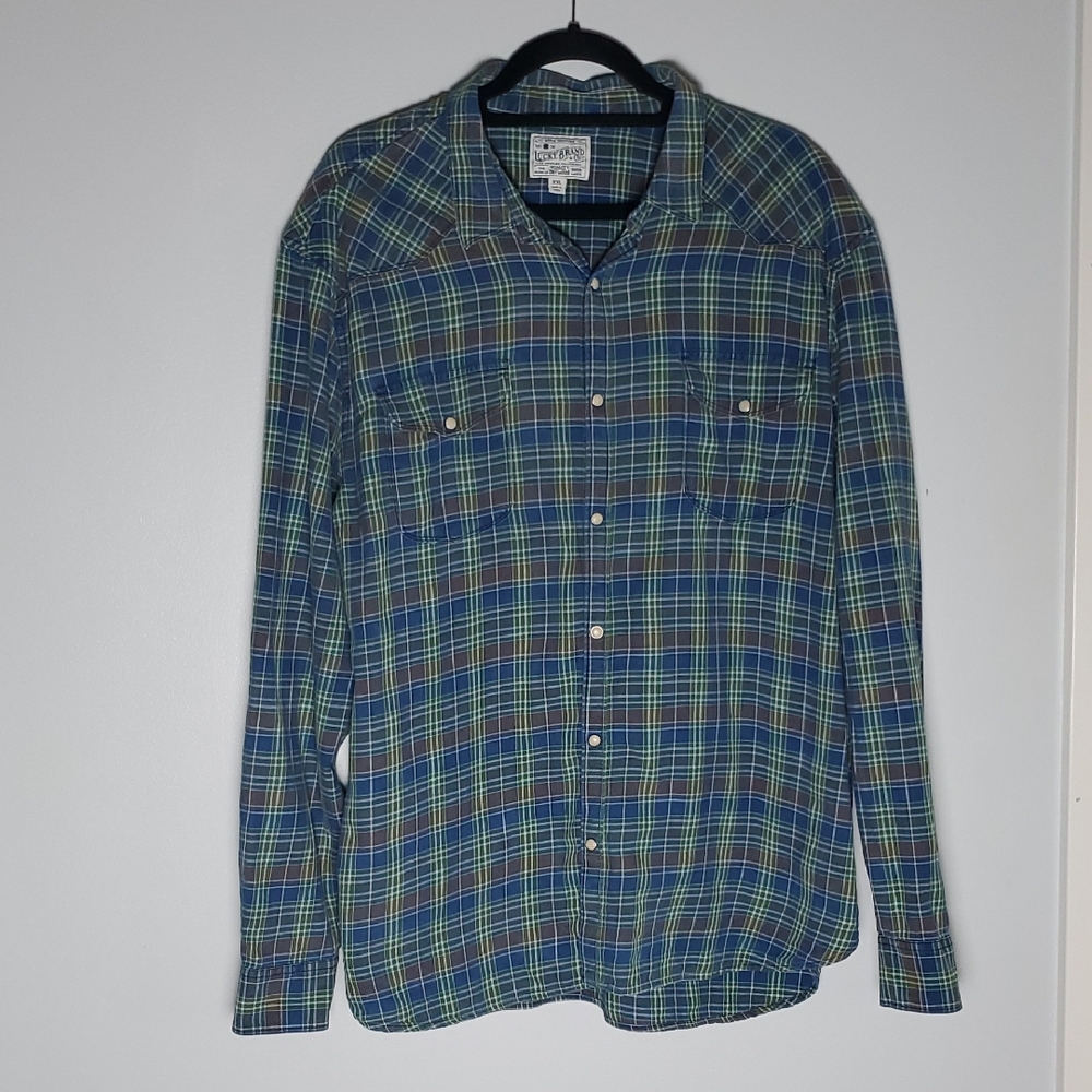 Lucky Brand Plaid Flannel Lumberjack Gorpcore Pearl Snap Button Down Shirt